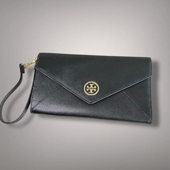 Tory Burch Handbags - Like New TORY BURCH Black Saffiano Leather Robinson Envelope Wristlet Clutch